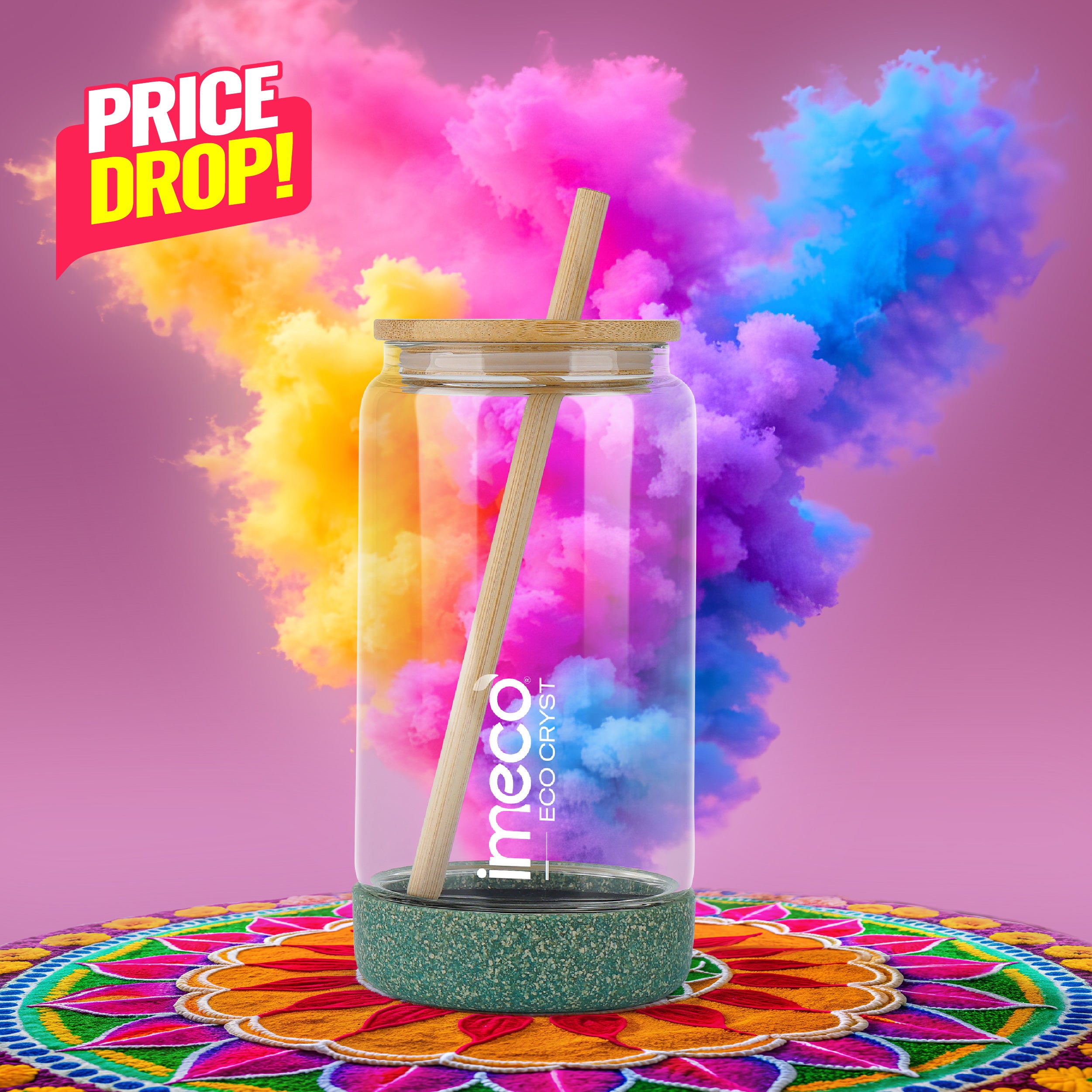 ECO CRYST Glass Sipper with Bamboo Lid & Straw (500 ml)