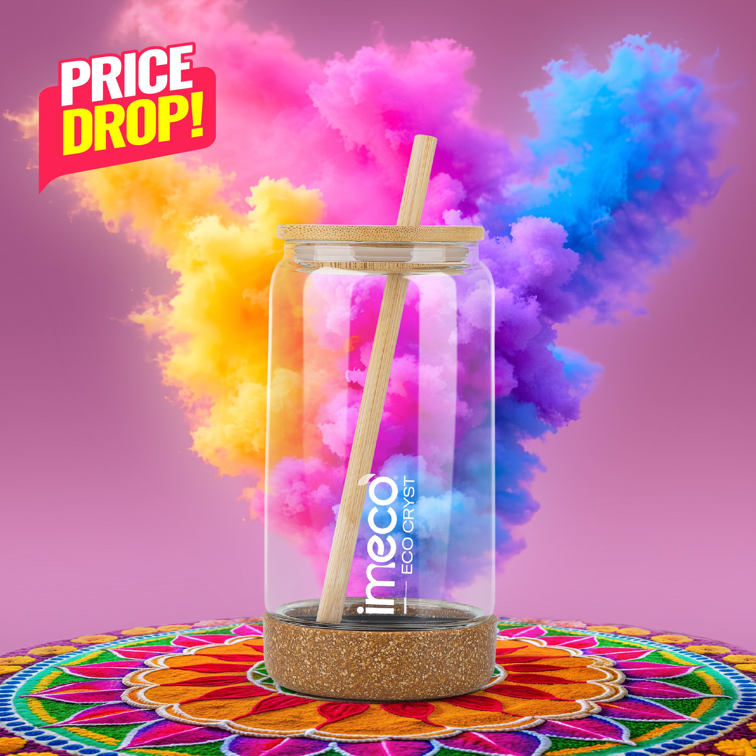 ECO CRYST Glass Sipper with Bamboo Lid & Straw (500 ml)