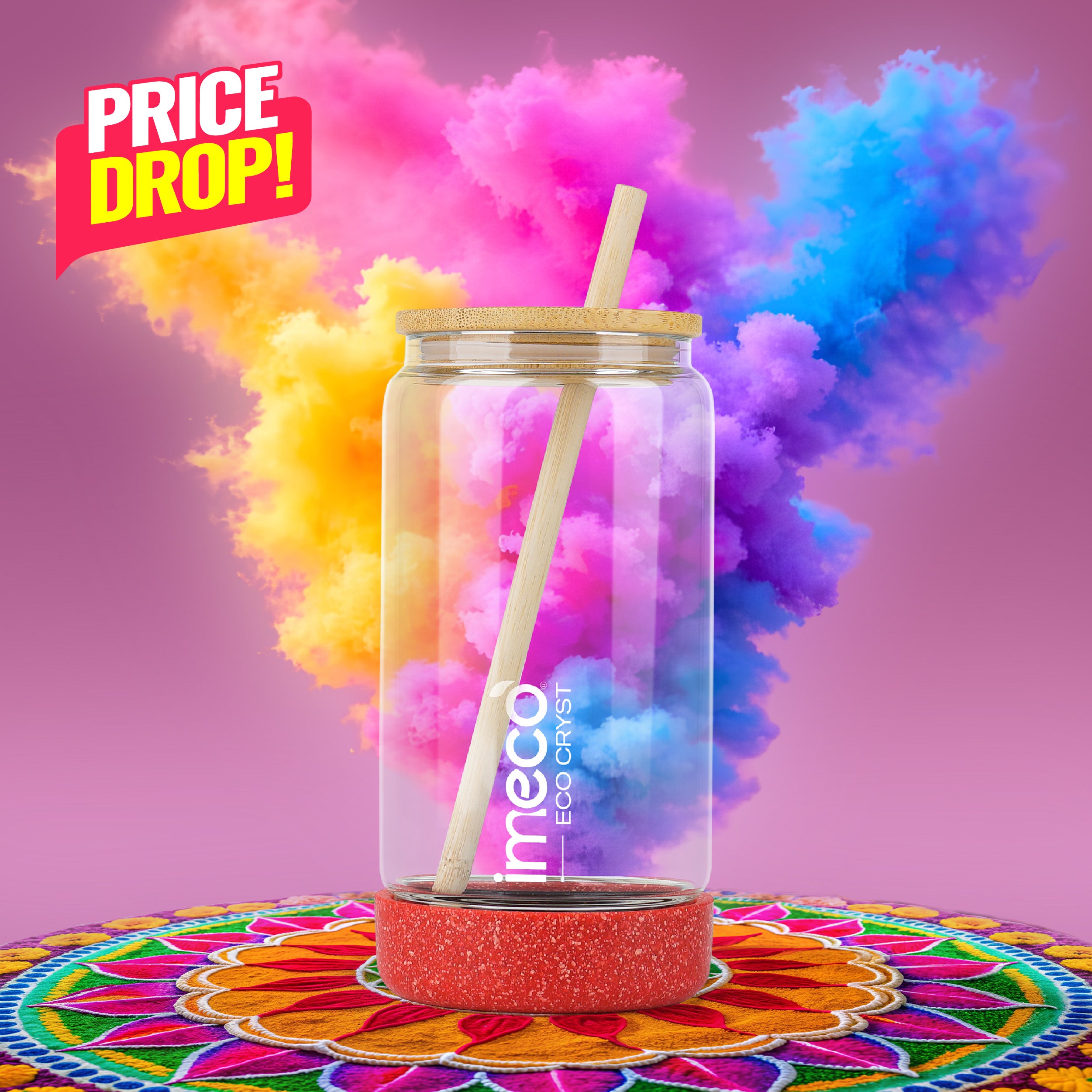 ECO CRYST Glass Sipper with Bamboo Lid & Straw (500 ml)