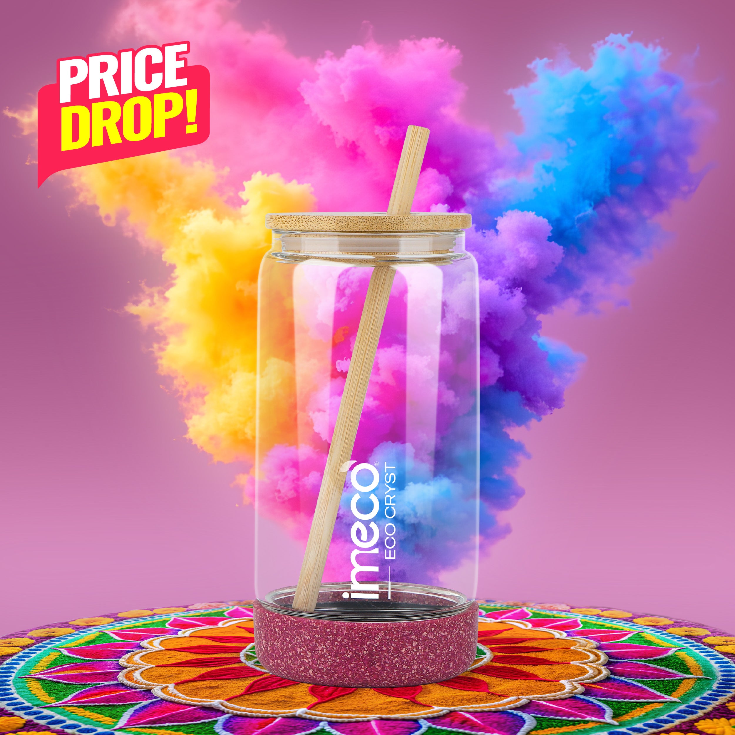 ECO CRYST Glass Sipper with Bamboo Lid & Straw (500 ml)