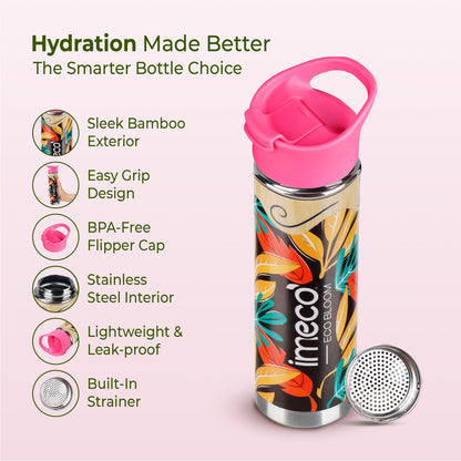 imeco eco bloom bamboo water bottle with a strainer and features mentioned against a light background