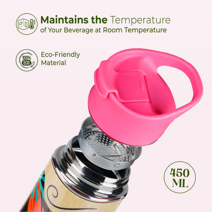 imeco eco bloom bamboo water bottle with a pink cap and strainer with features mentioned against a light background