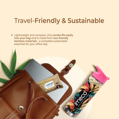 ECO BLOOM Bamboo Water Bottle with Mobile Stand, Pen Stand & Aloe Vera Wet Wipes - Office Essentials Combo - Imeco India