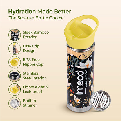 imeco eco bloom bamboo water bottle with yellow cap and with a strainer and features mentioned against a light background
