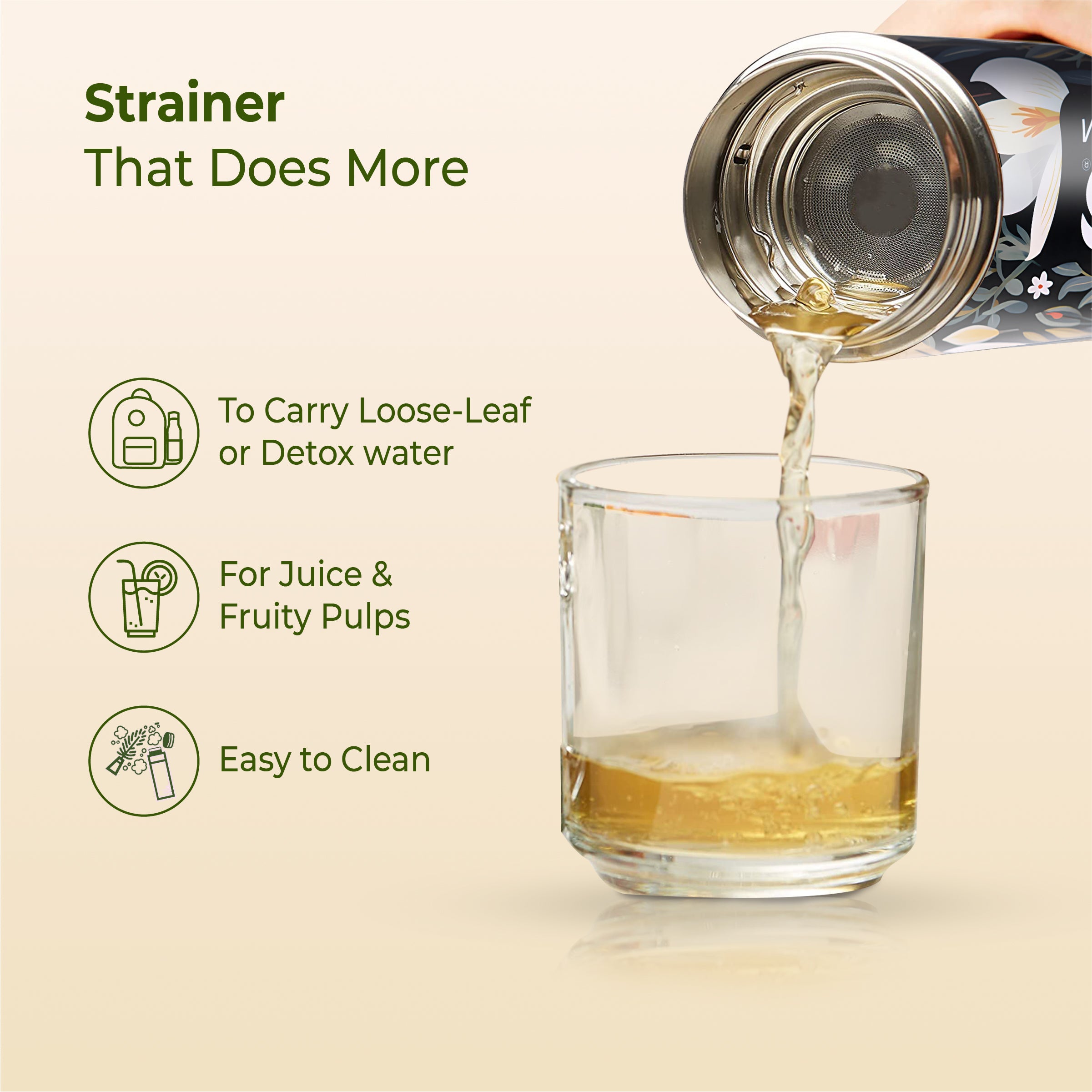 imeco bamboo water bottle with a strainer being used to pour liquid into a glass with text highlighting its features.