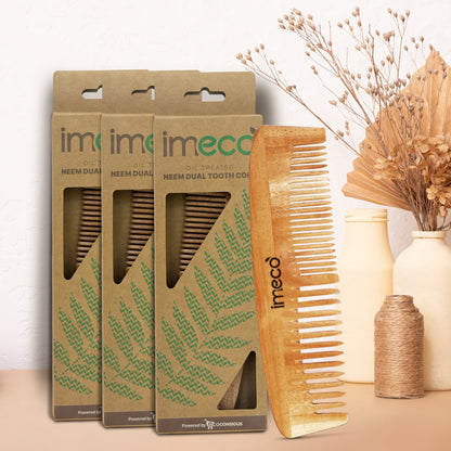 Neem Wood Dual -Tooth Hair Comb (Pack of 3) - Imeco India