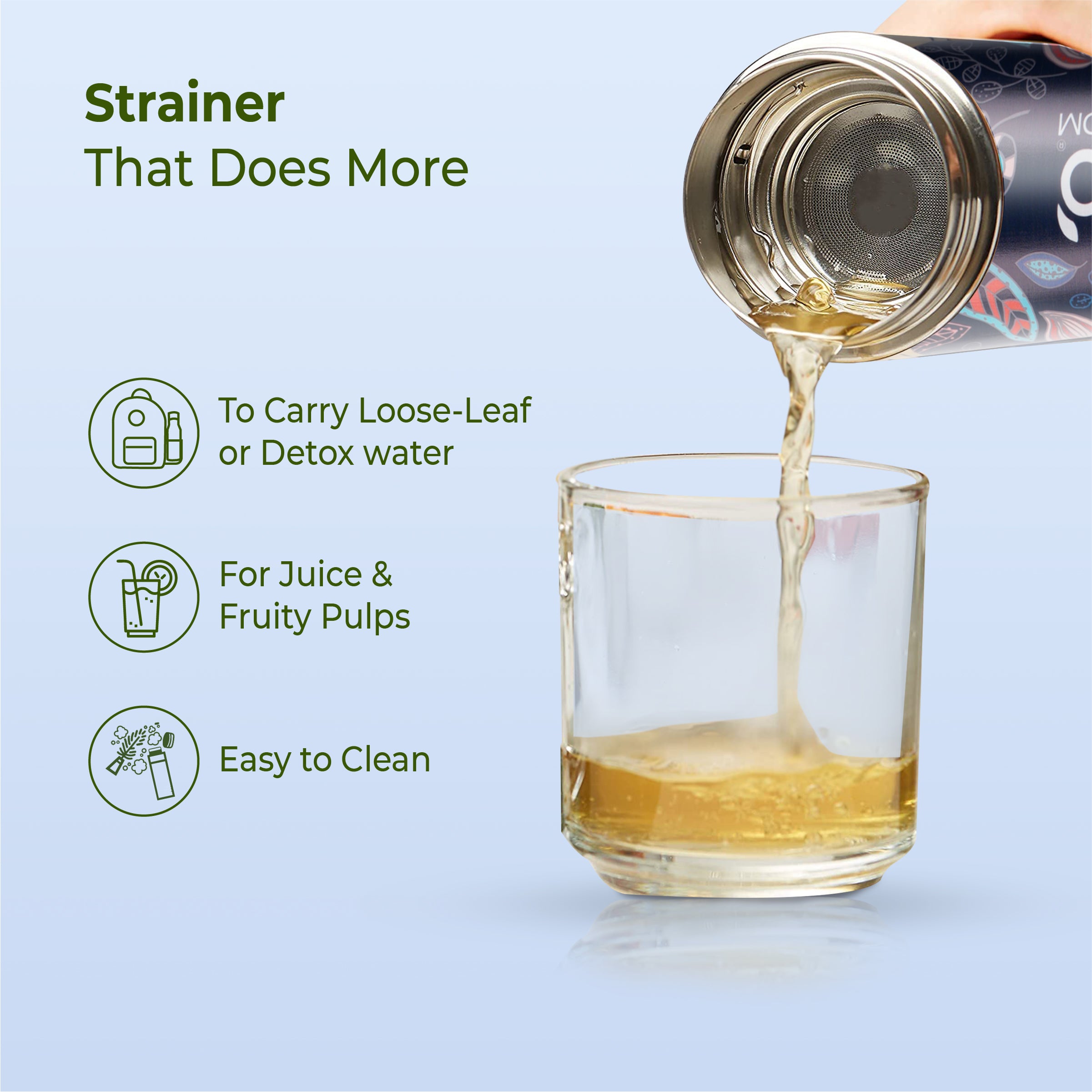 imeco eco bloom bamboo water bottle pouring drink on a glass with features mentioned against a light background