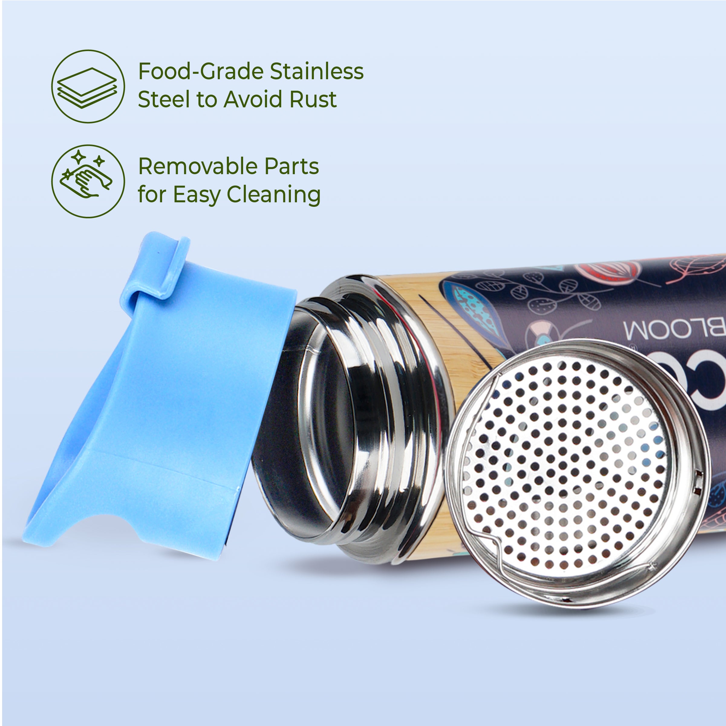 imeco bamboo water bottle with the blue cap and a strainer against a blue background