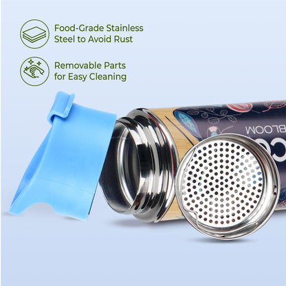 imeco bamboo water bottle with the blue cap and a strainer against a blue background