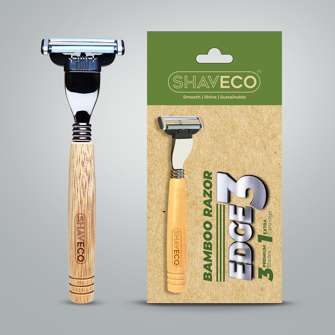 SHAVECO bamboo edge 3 razor is showcased with its packaging. 