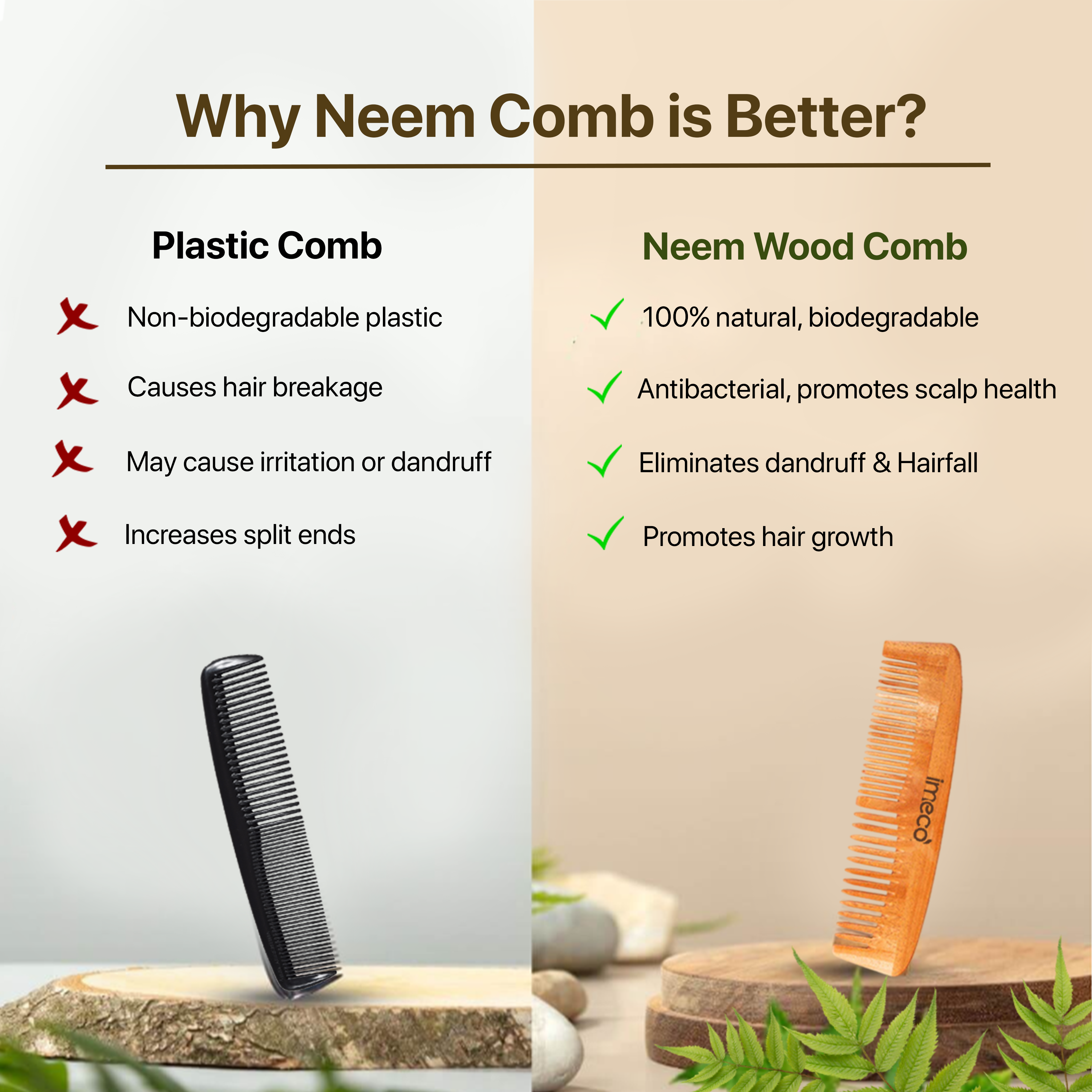 Comparison of plastic comb and neem wood comb with benefits highlighted.