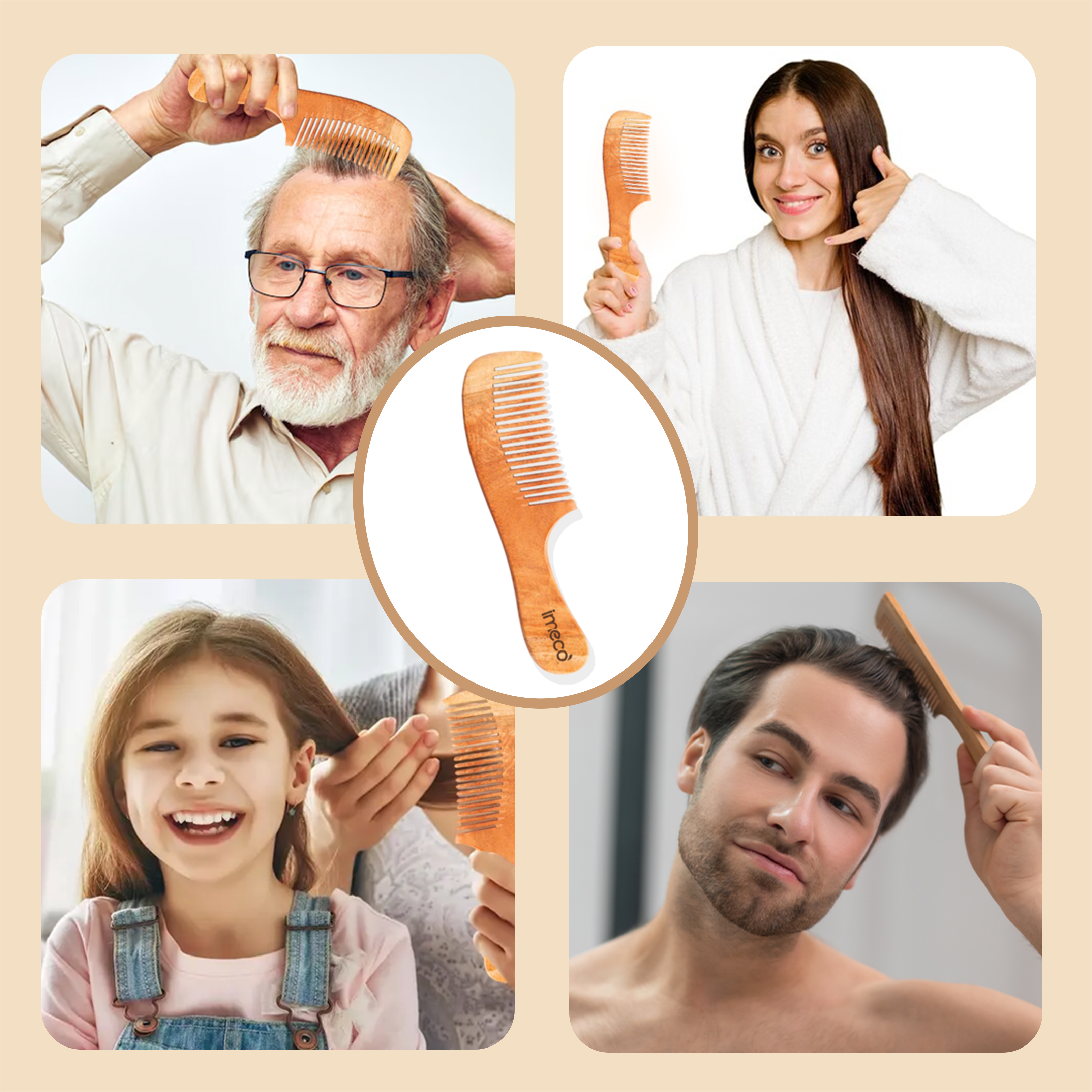 Collage of people using a wooden comb on a beige background