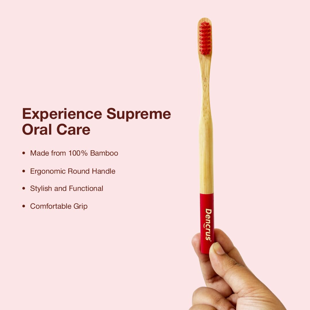 A human hand is holding Dencrus RED ORBY Plus toothbrush against a white light background. And the features are mentioned in the background