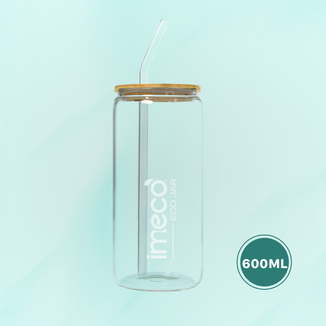 imeco eco jar glass jar with wooden lid and straw on a light blue background, featuring the 'imeco' brand.