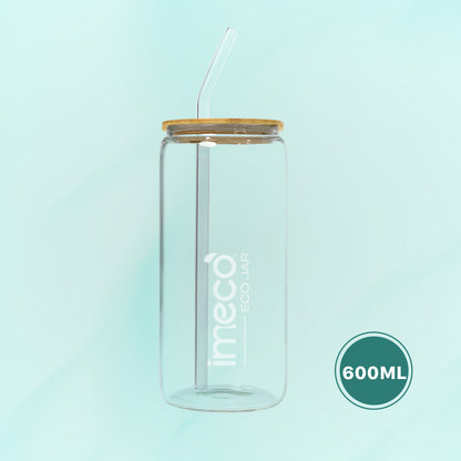 imeco eco jar glass jar with wooden lid and straw on a light blue background, featuring the 'imeco' brand.