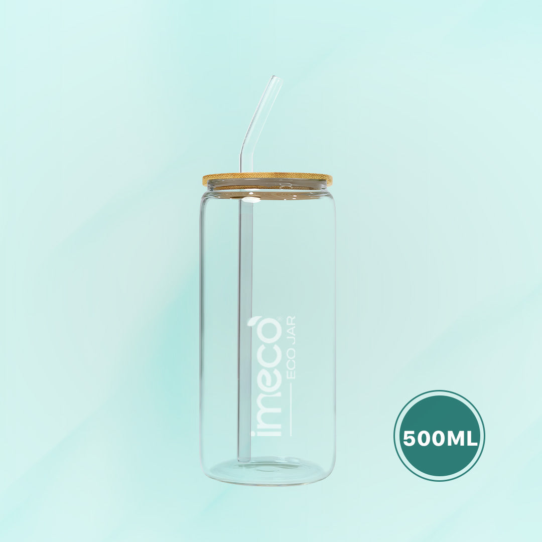 eoc jar glass jar with bamboo lid and straw on a light blue background, featuring 'imeco' branding.