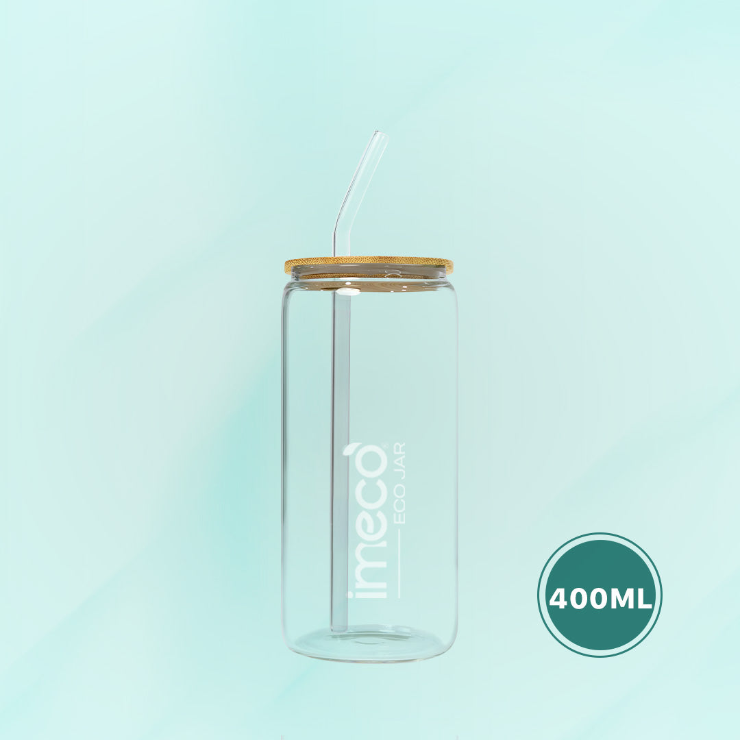 imeco eco jar glass jar with bamboo lid and straw on a light blue background, featuring the 'imeco' logo.