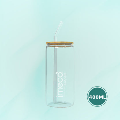 imeco eco jar glass jar with bamboo lid and straw on a light blue background, featuring the 'imeco' logo.