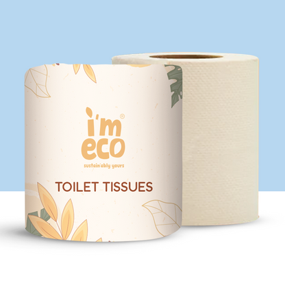 Pack of IMECO bamboo toilet tissues with 3-ply thickness, displayed in a zero-plastic packaging with floral patterns.