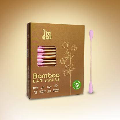 A box of IMECO Bamboo Cotton Ear Swabs with individual swabs visible, showcasing the bamboo stick and cotton tip, against a beige background.