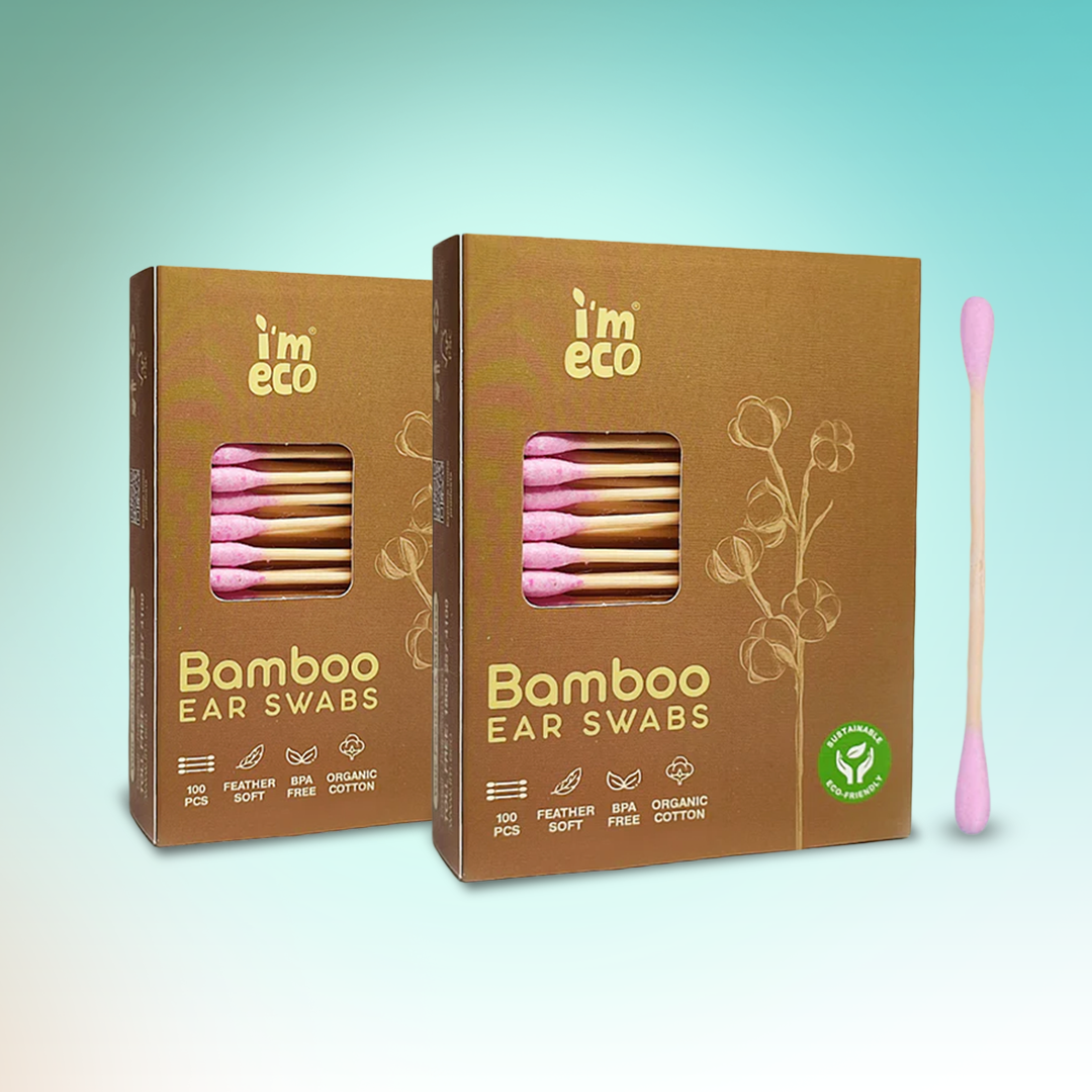 Boxes of IMECO Bamboo Cotton Ear Swabs with individual swab visible, against a light background.