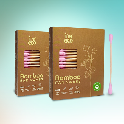 Boxes of IMECO Bamboo Cotton Ear Swabs with individual swab visible, against a light background.