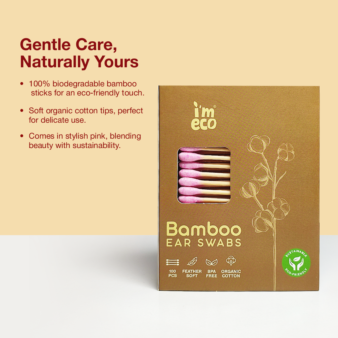 Packaging of IMECO Bamboo Cotton Ear Swabs with several pink swabs visible from the outside of the box with key features are mentioned