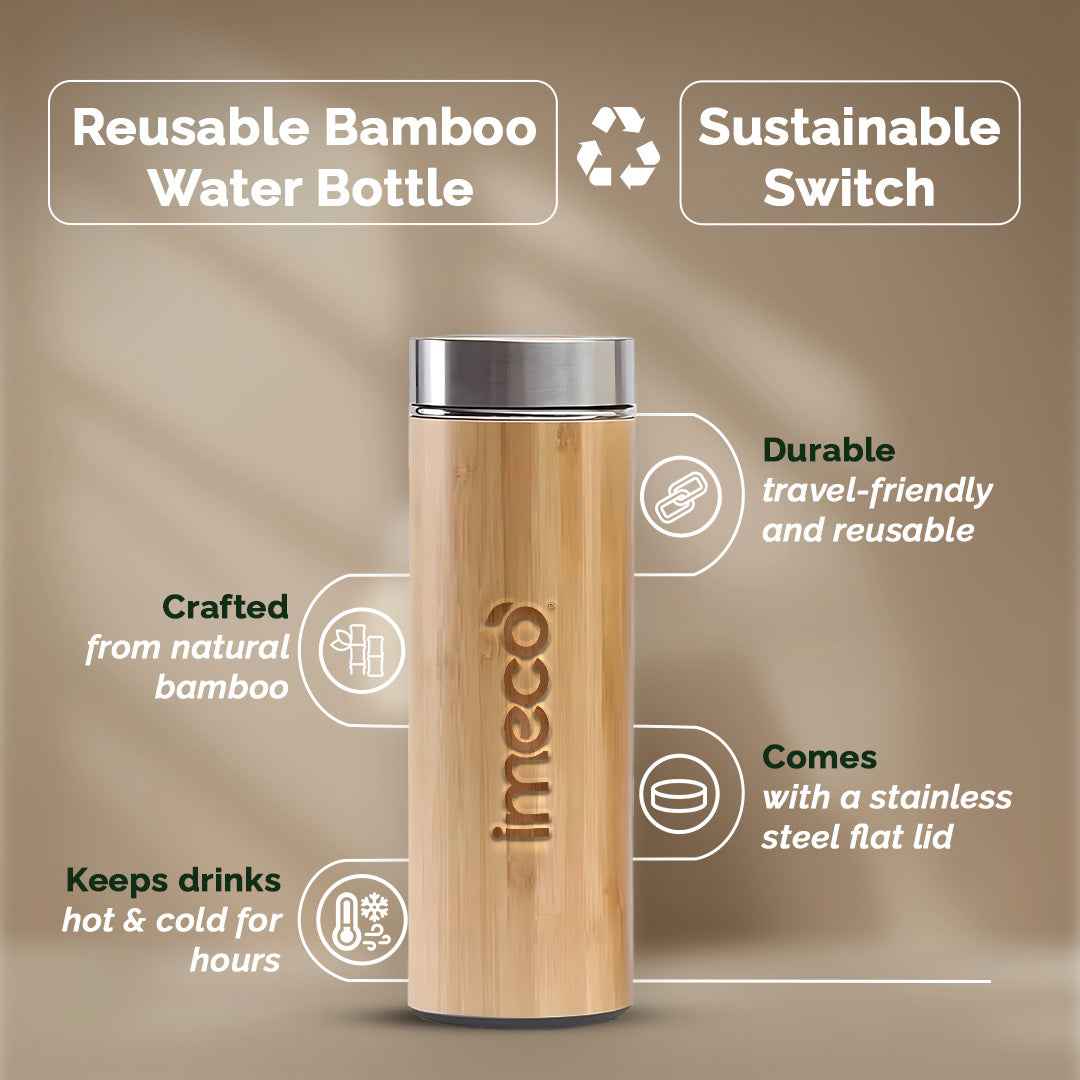 ECO-POUR Flat-Lid Bamboo Water Bottle - Stylish & Reusable (450 ml)