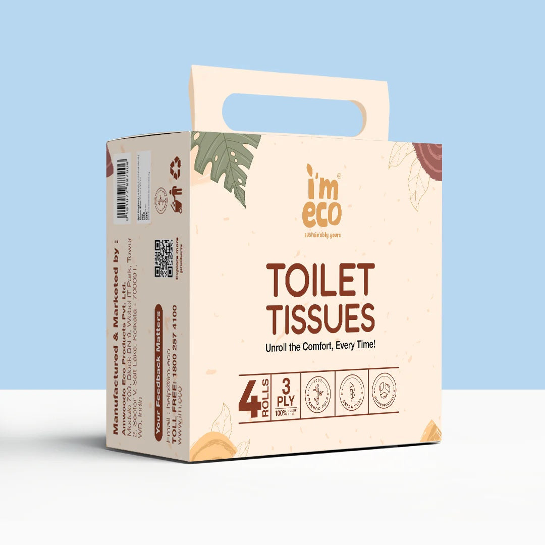 A jumbo pack of IMECO Bamboo Toilet Tissue roll placed on a white surface against a light background having 4 rolls