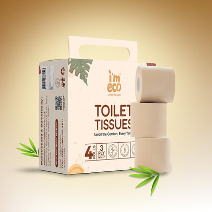 Packaging and rolls of IMECO bamboo toilet tissue with branding and eco-friendly symbols displayed.