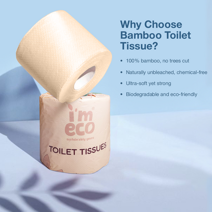 A roll of IMECO Bamboo Toilet Tissue on a packaging placed on a light surface against a light background