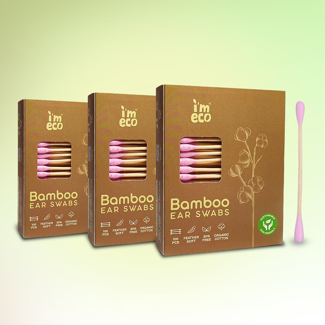 Three boxes of IMECO Bamboo Cotton Ear Swabs with individual swabs visible, showcasing the bamboo stick and cotton tip, against a beige background.