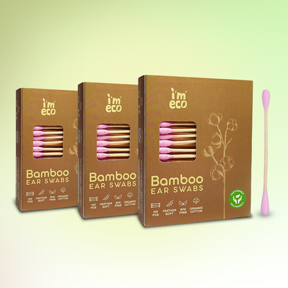 Three boxes of IMECO Bamboo Cotton Ear Swabs with individual swabs visible, showcasing the bamboo stick and cotton tip, against a beige background.