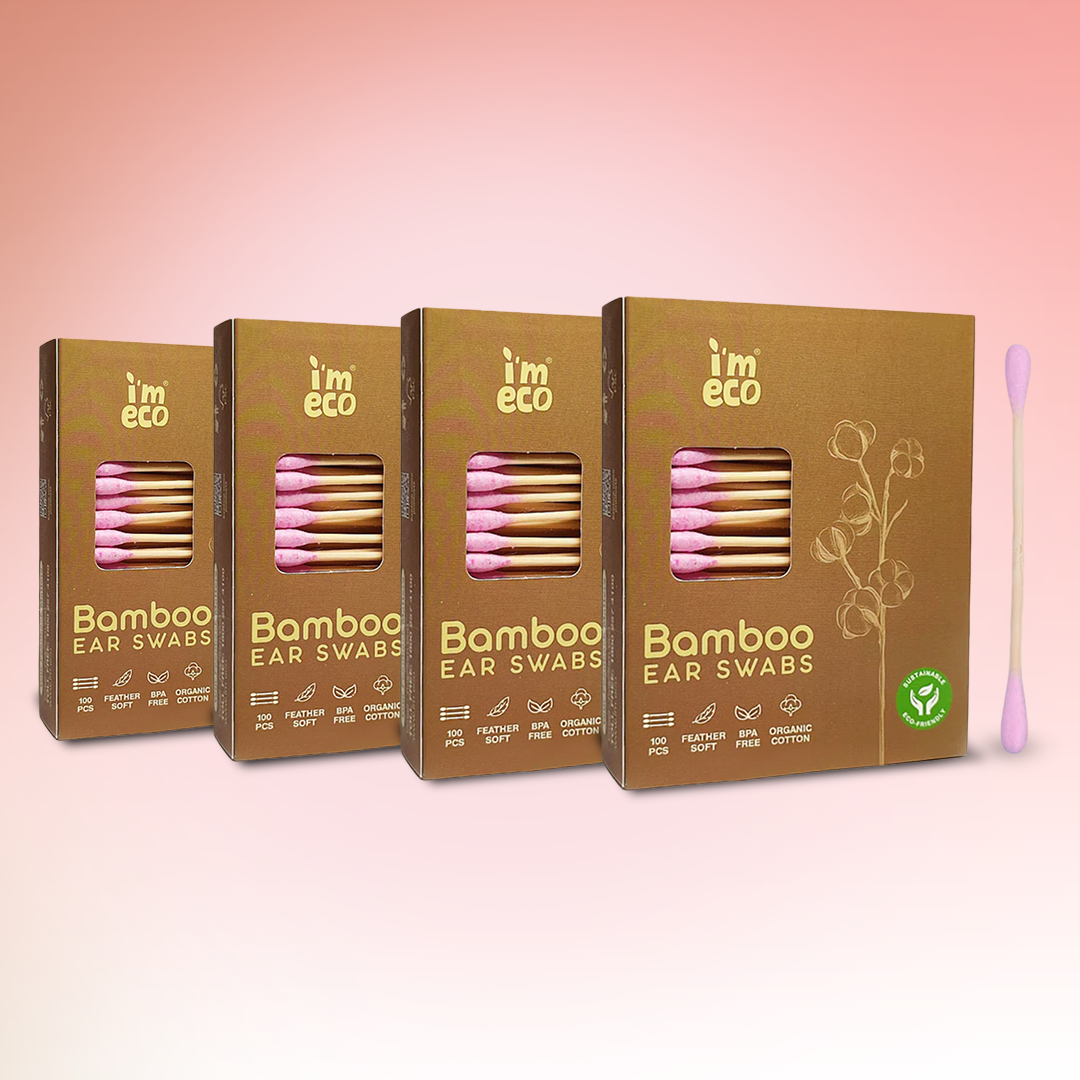 Four boxes of IMECO Bamboo Cotton Ear Swabs with individual swabs visible, showcasing the bamboo stick and cotton tip, against a beige background.