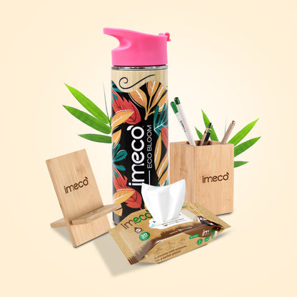 ECO BLOOM Bamboo Water Bottle with Mobile Stand, Pen Stand & Aloe Vera Wet Wipes - Office Essentials Combo - Imeco India
