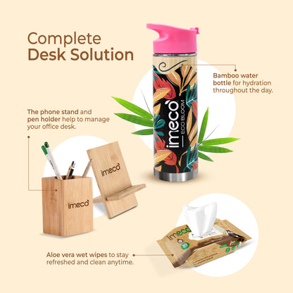 ECO BLOOM Bamboo Water Bottle with Mobile Stand, Pen Stand & Aloe Vera Wet Wipes - Office Essentials Combo - Imeco India