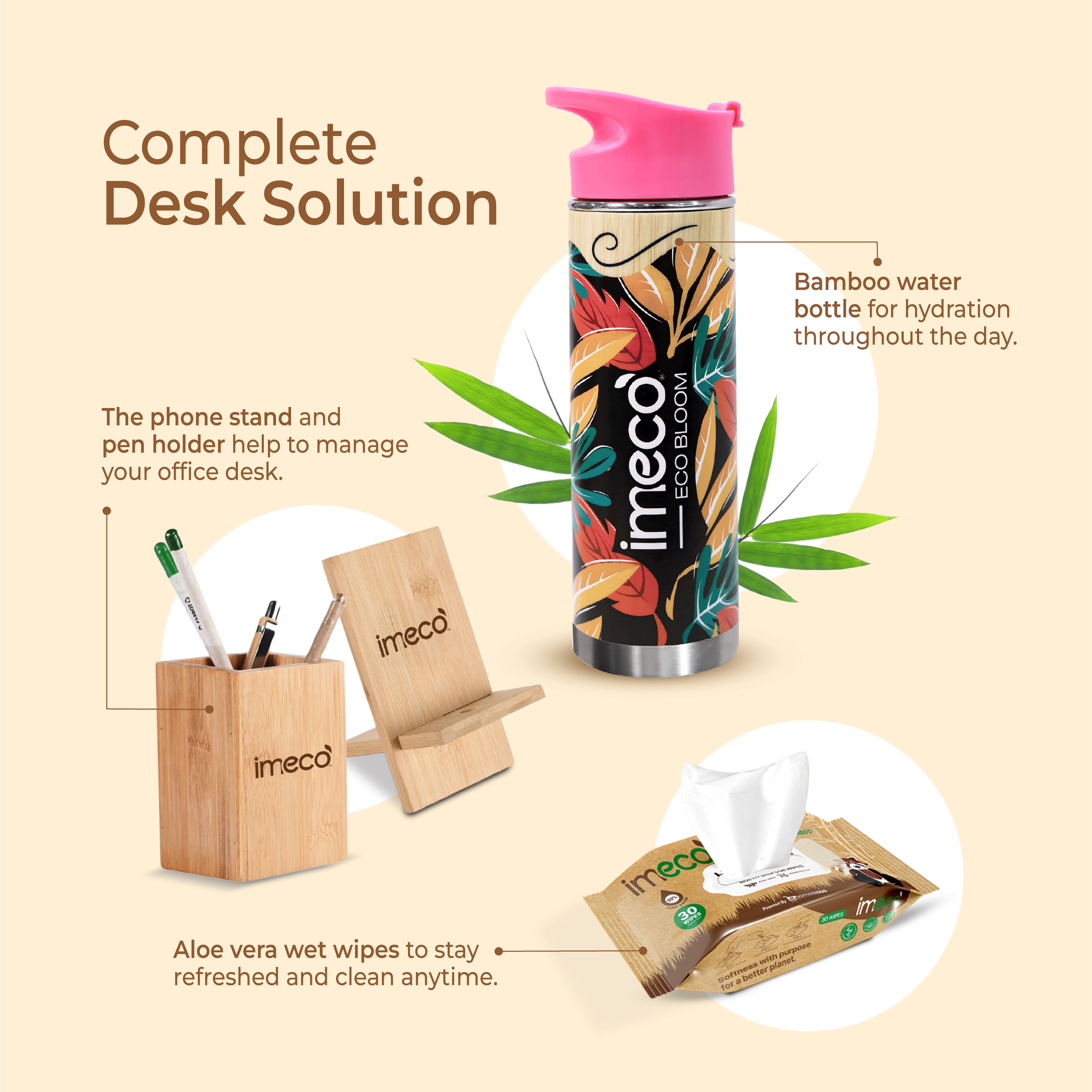 ECO BLOOM Bamboo Water Bottle with Mobile Stand, Pen Stand & Aloe Vera Wet Wipes - Office Essentials Combo - Imeco India