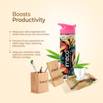 ECO BLOOM Bamboo Water Bottle with Mobile Stand, Pen Stand & Aloe Vera Wet Wipes - Office Essentials Combo - Imeco India