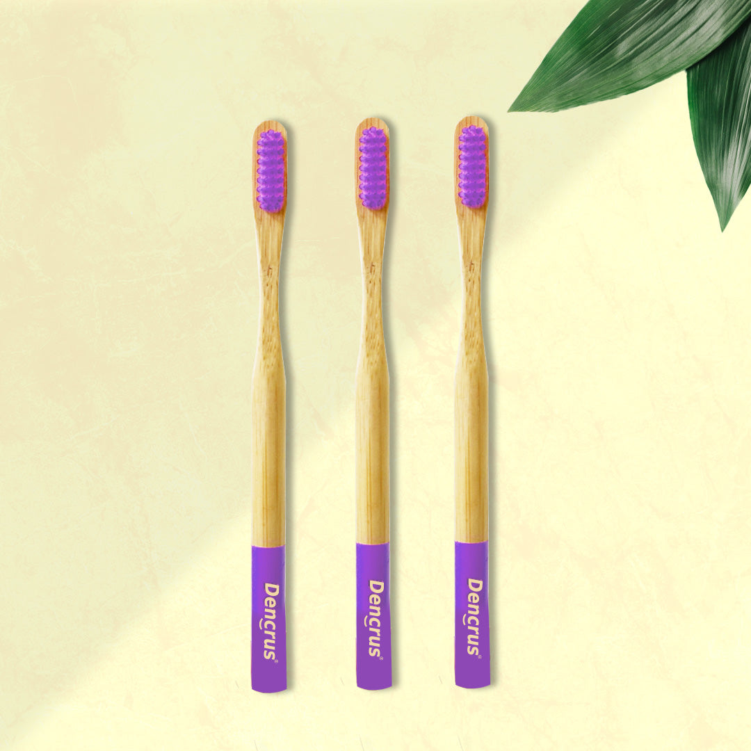 Three ORBY Plus bamboo toothbrushes with lavender-colored bristles and ergonomic handles, displayed on a beige background with a green leaf to the side.