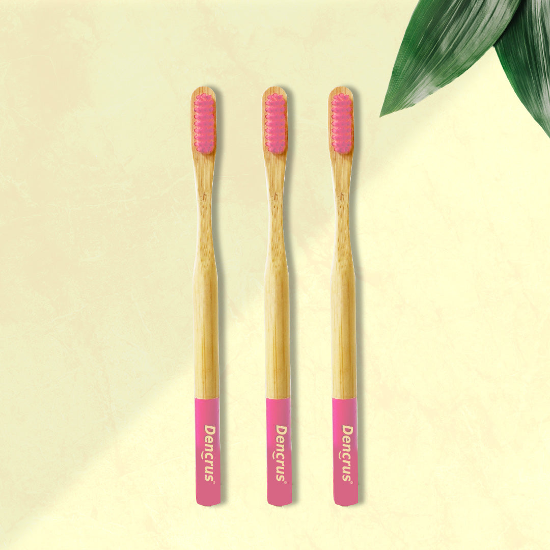 Three ORBY Plus bamboo toothbrushes with pink bristles and ergonomic handles, displayed on a neutral background with a green leaf to the side.