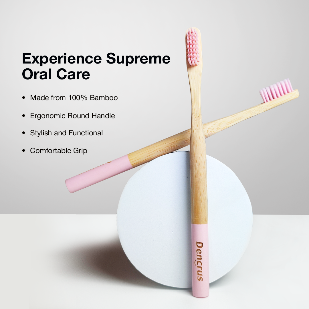 Two ORBY Plus bamboo toothbrushes on a round shaped block against a white background highlighting all the key features mentioned 