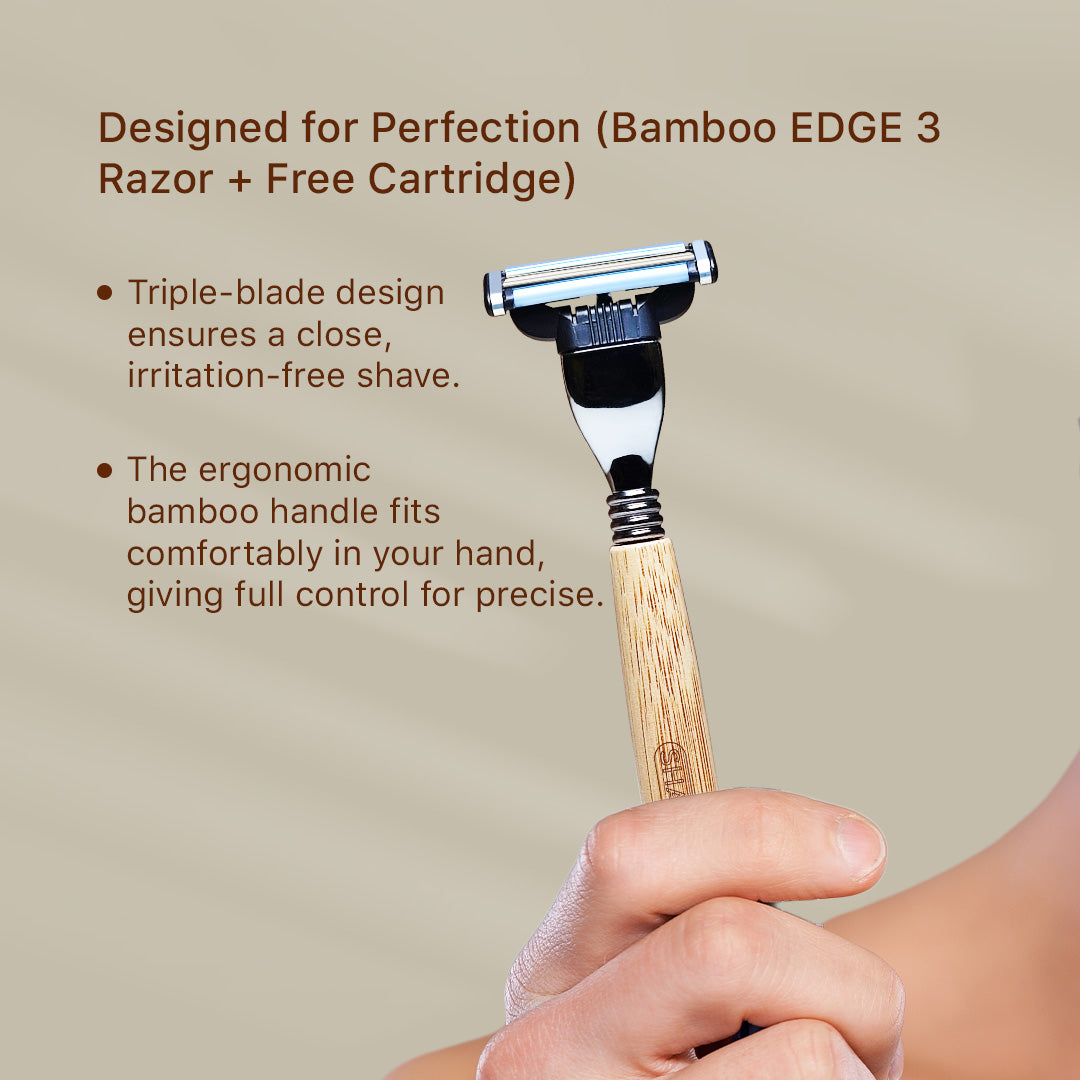 bamboo edge3 razor with text on a beige background