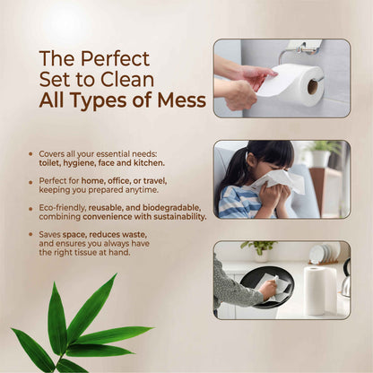 Everyday Bamboo Care Essentials - Toilet Tissue Roll, Kitchen Towel, Facial Tissue with 1 Free Pocket Tissue