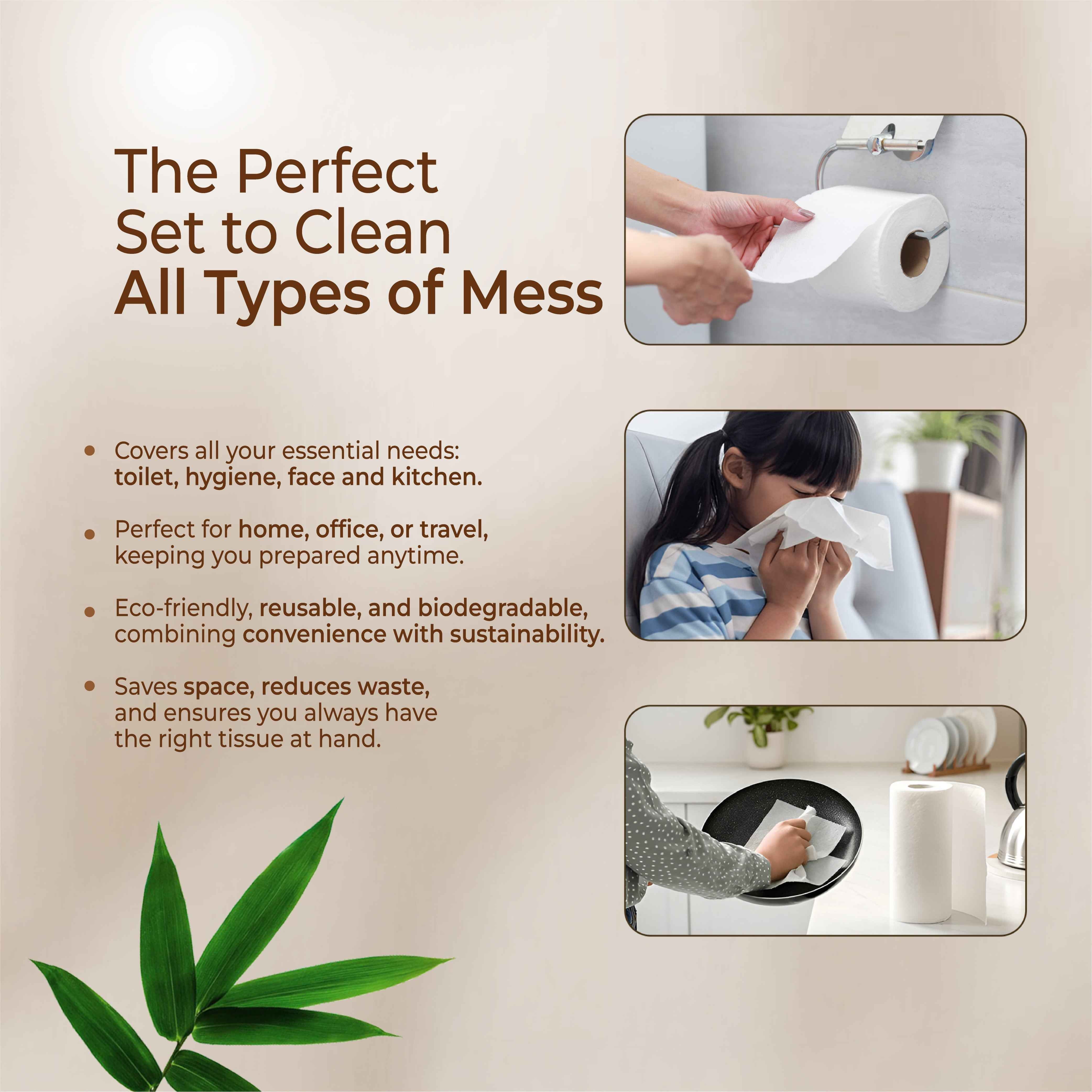 Everyday Bamboo Care Essentials - Toilet Tissue Roll, Kitchen Towel, Facial Tissue with 1 Free Pocket Tissue
